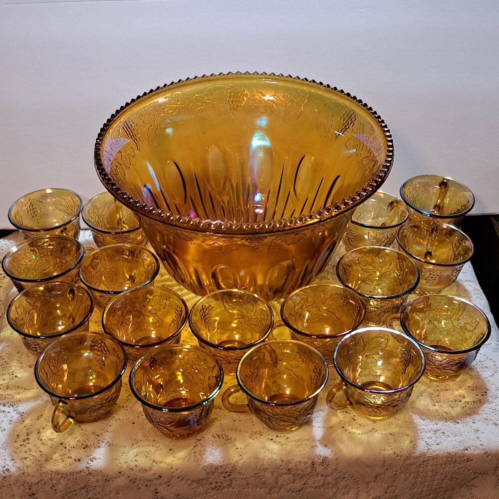 Vintage Indiana Glass Marigold Iridescent Punch Bowl Set~Grape Harvest~17 Cups